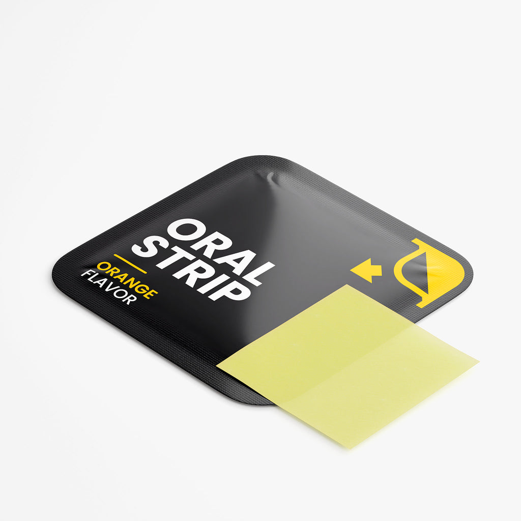 Black packaging with a yellow strip labeled 'Oral Strip' on a white background