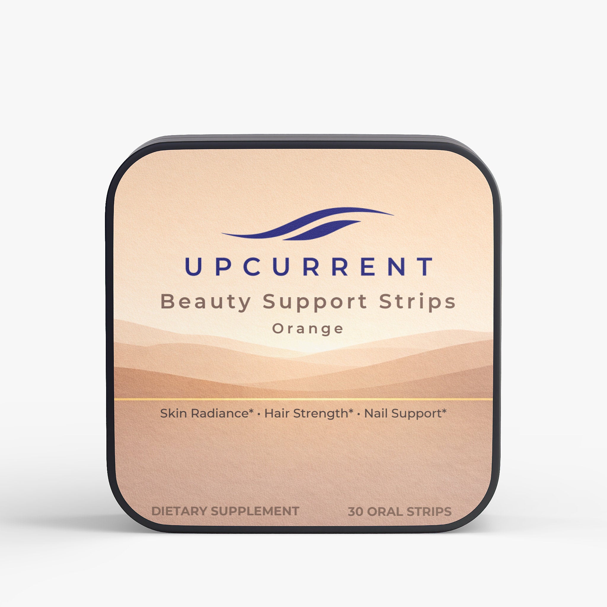 Upcurrent Beauty Support Strips packaging on a light gray background