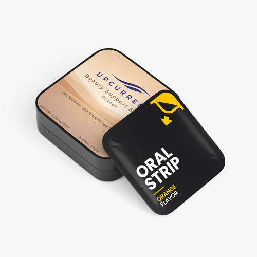 Black container with 'UPCURRENT Beauty Support Strips' branding and 'Oral Strip Orange Flavor' text on a white background