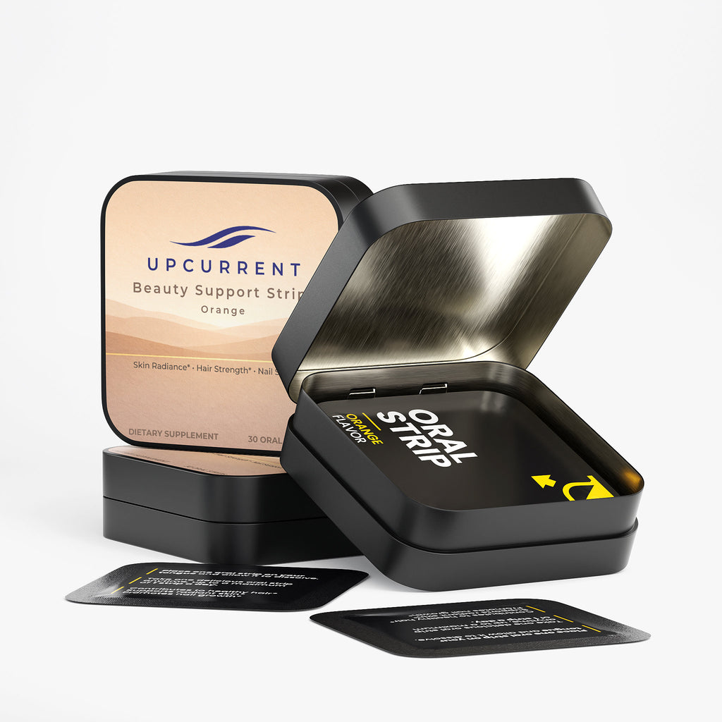 Upcurrent oral strip packaging with open container on a white background