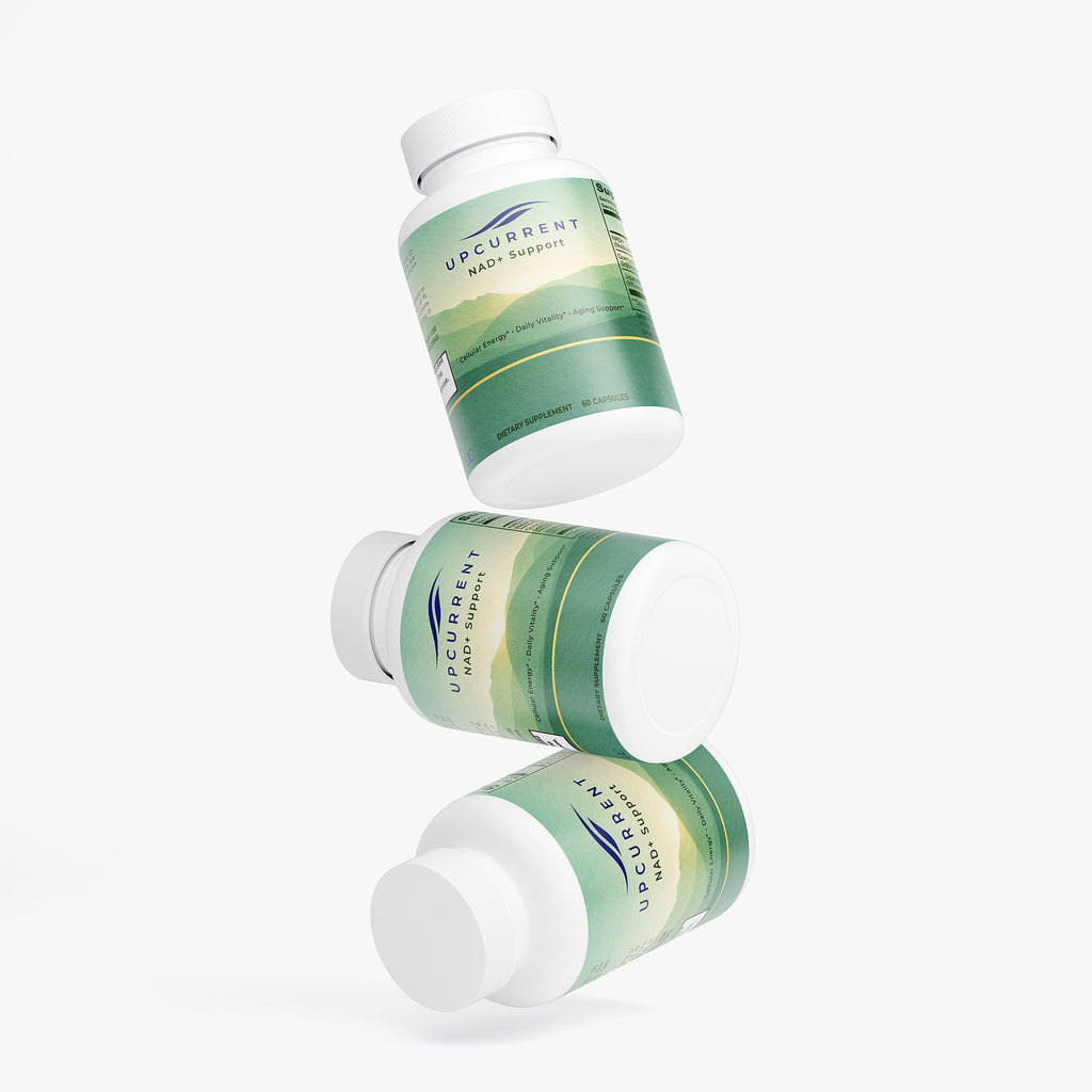 Three bottles of Upcurrent NAD+ support on a white background