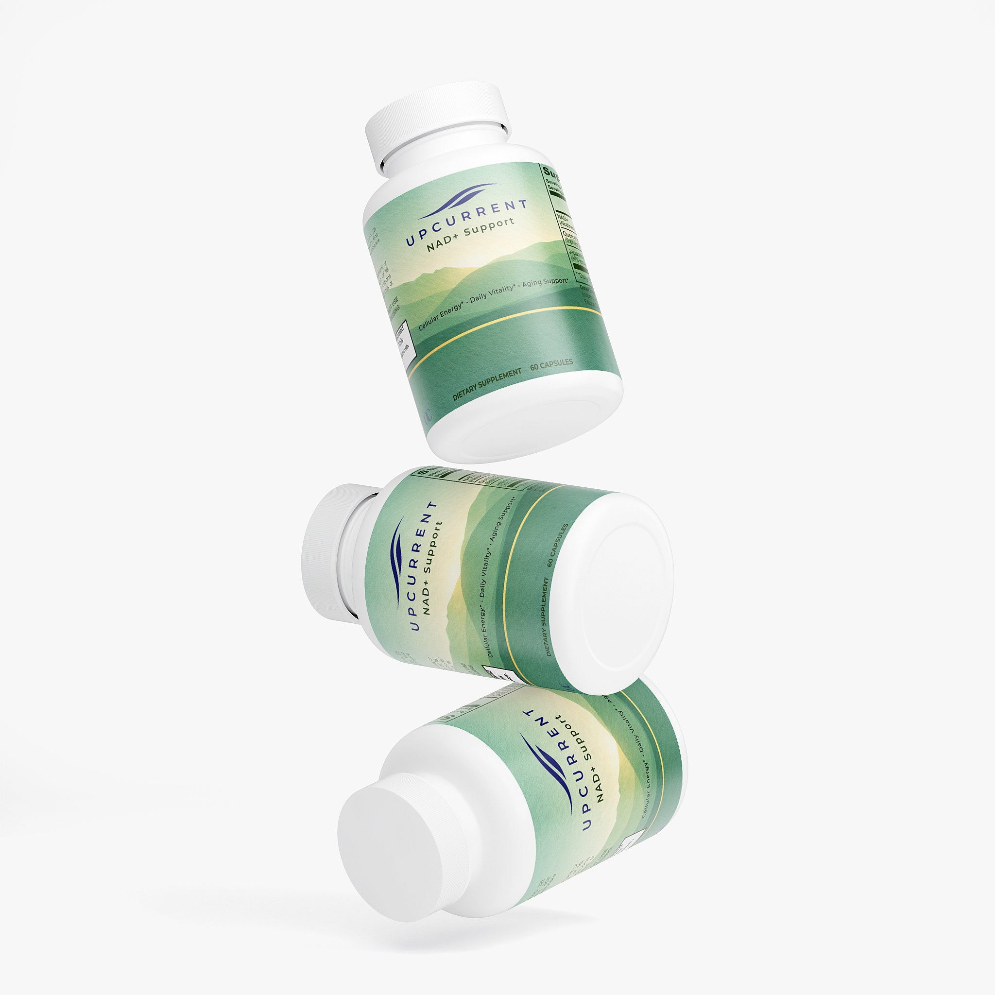 Three bottles of Upcurrent NAD+ support on a white background