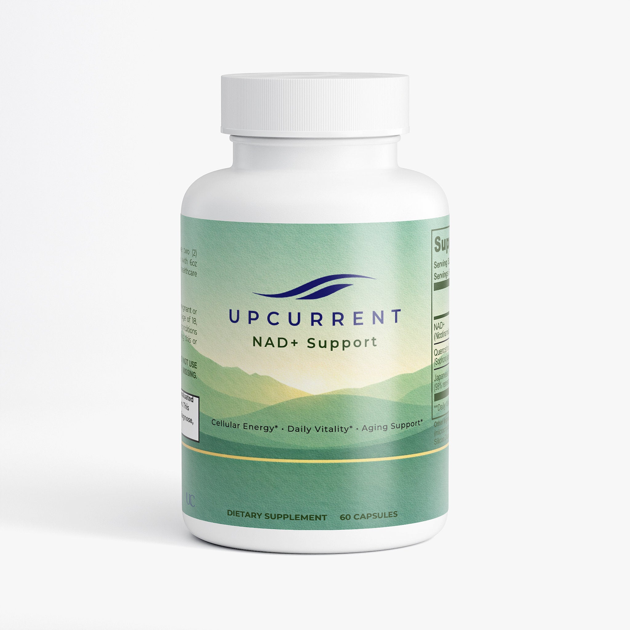 Supplement bottle labeled 'Upcurrent NAD+ Support' on a white background