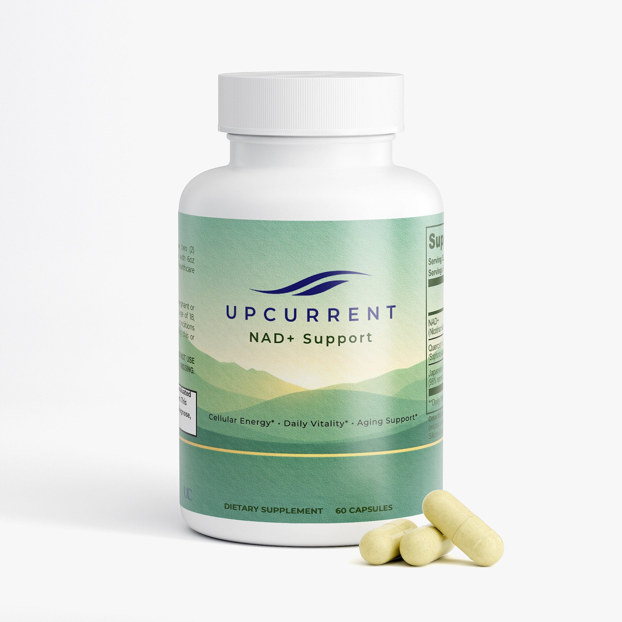 Supplement bottle labeled 'Upcurrent NAD+ Support' with two capsules on a white background