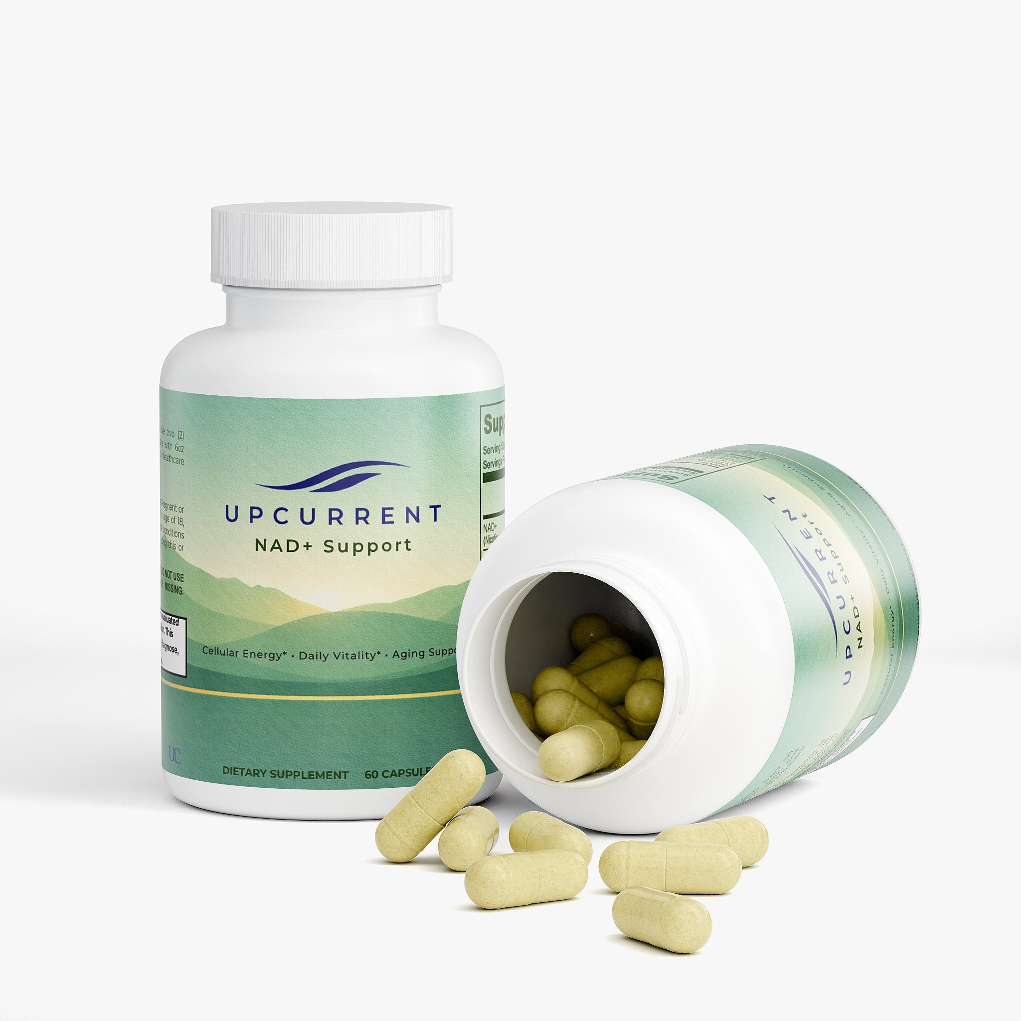 Upcurrent NAD+ Support supplement bottle with open lid showing capsules on a white background