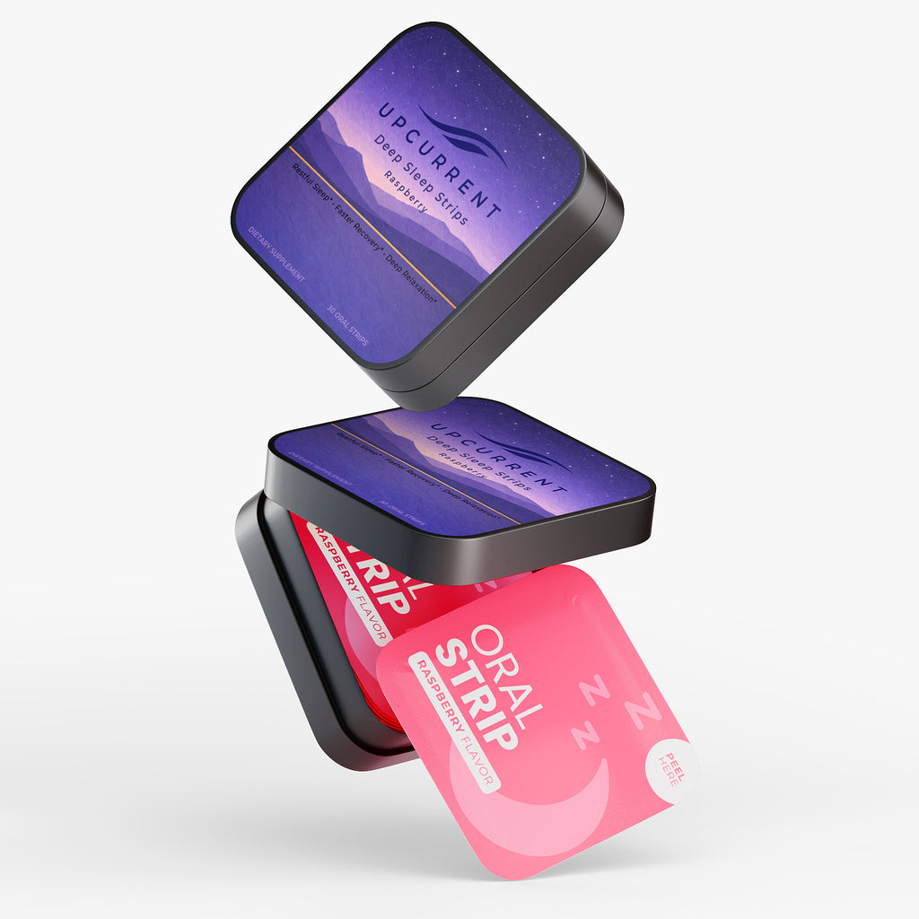 Upcurrent oral strip packaging with a pink strip inside on a white background