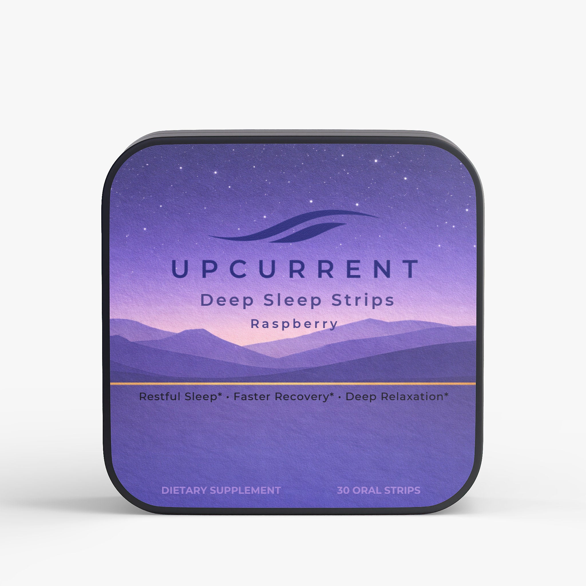 Upcurrent Deep Sleep Strips packaging with purple and blue design on a white background