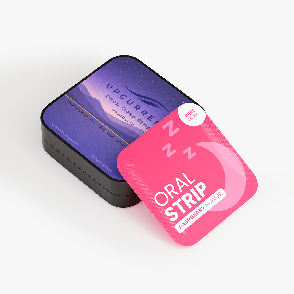 Pink and purple containers labeled Deep Sleep Strips on a white background