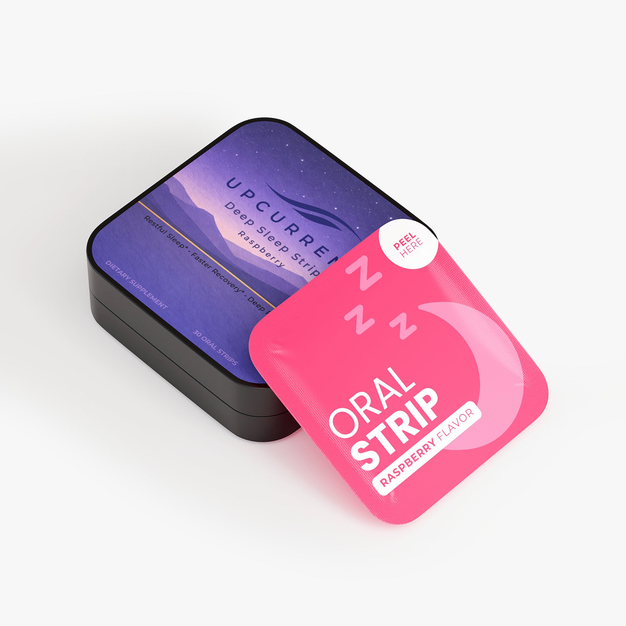 Pink and purple containers labeled Deep Sleep Strips on a white background