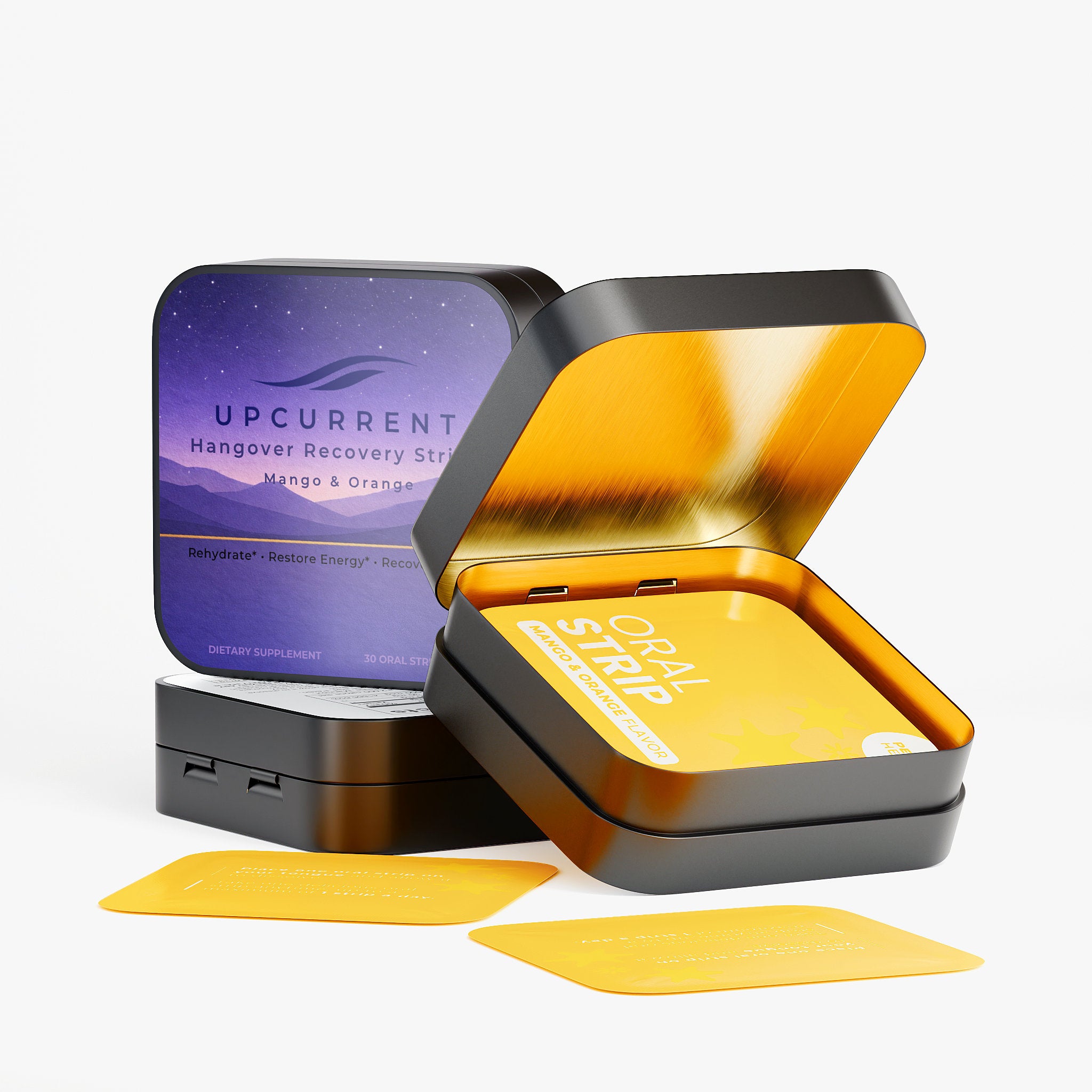 Open black tin with yellow lid displaying 'Oral Strip' and purple label with 'Upcurrent' branding.