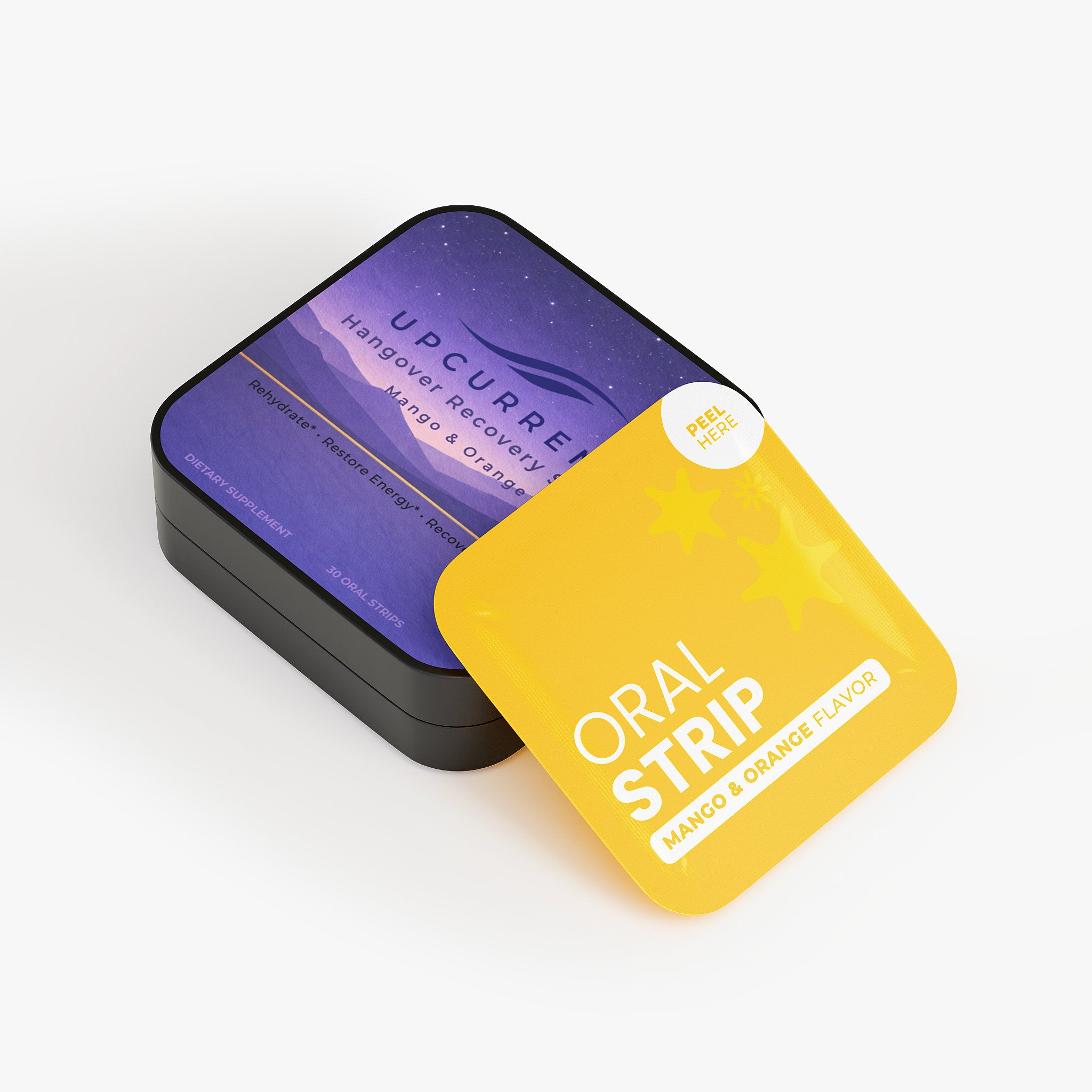 Upcure oral strip packaging with yellow and purple design on a white background