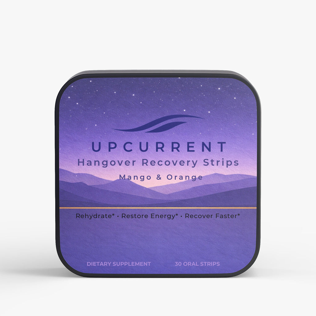 Upcurrent Hangover Recovery Strips packaging with purple design and mountain landscape