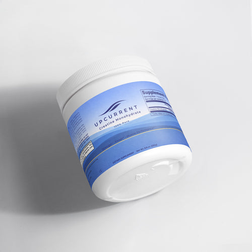 White container with blue label featuring 'UpCurrent Creatine' on a light gray background