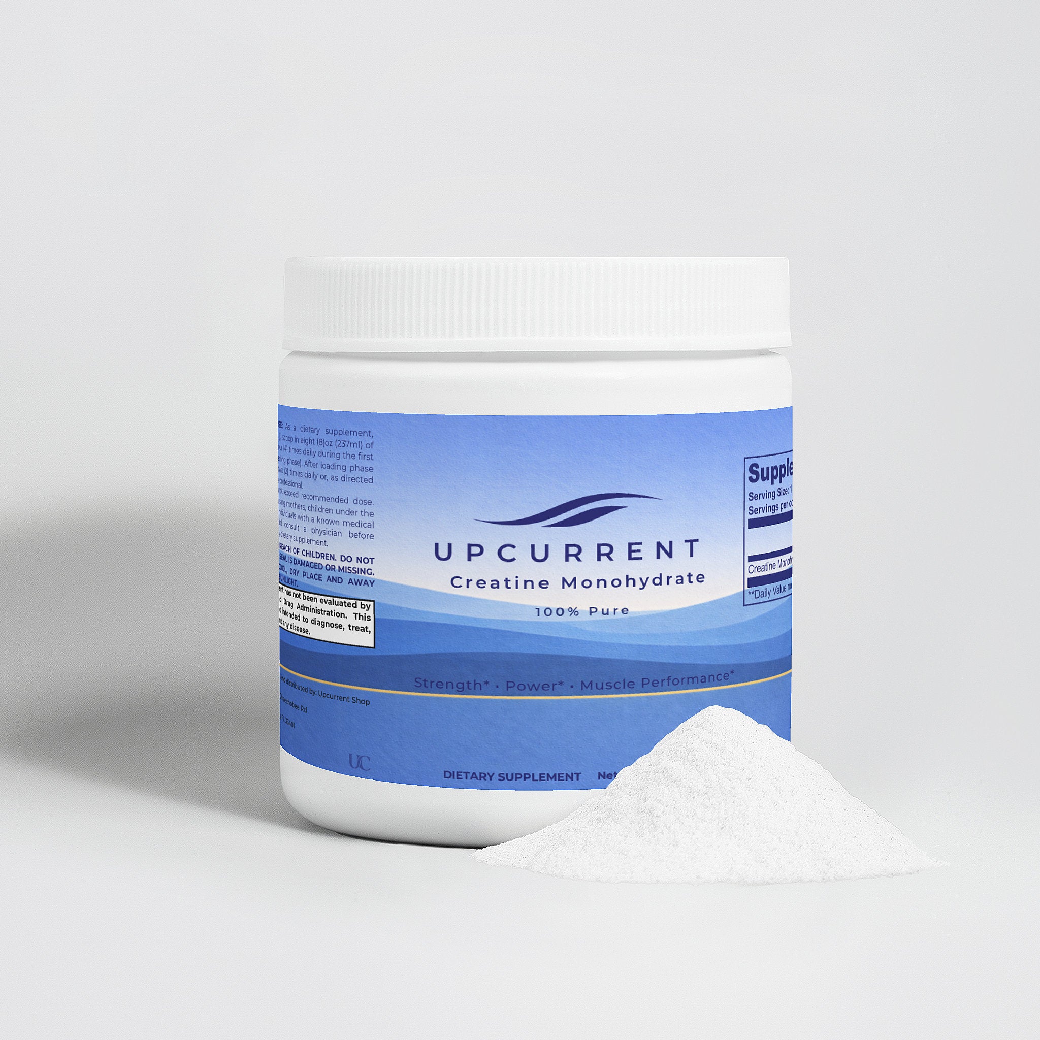 Supplement container labeled 'Upcurrent' with a white powdery substance on a light gray background