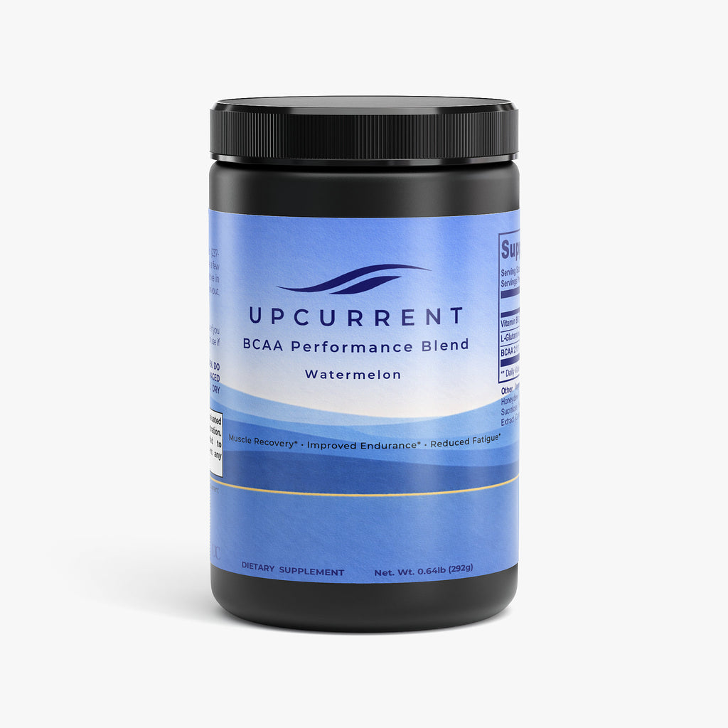 Upcurrent BCAA Performance Blend supplement container on a white background