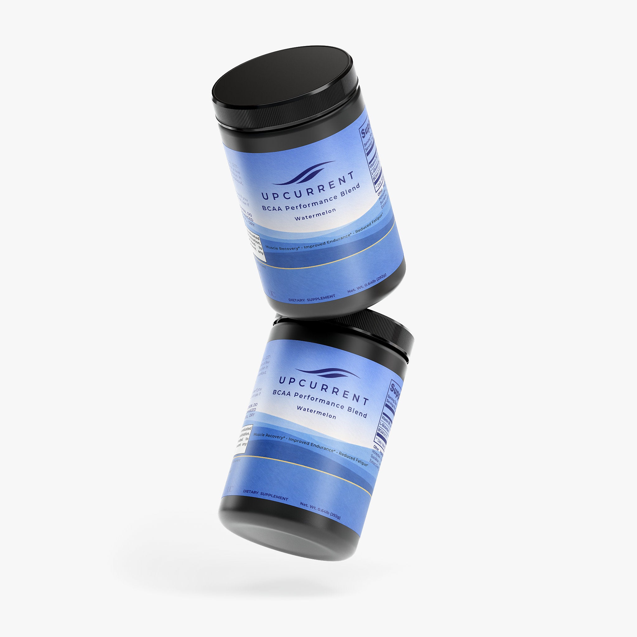 Two blue containers with black lids on a white background, featuring the brand 'Upcurrent'.