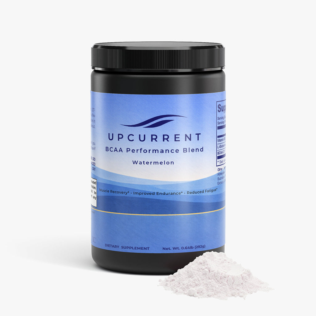 Upcurrent BCAA Performance Blend container with powder on a white background