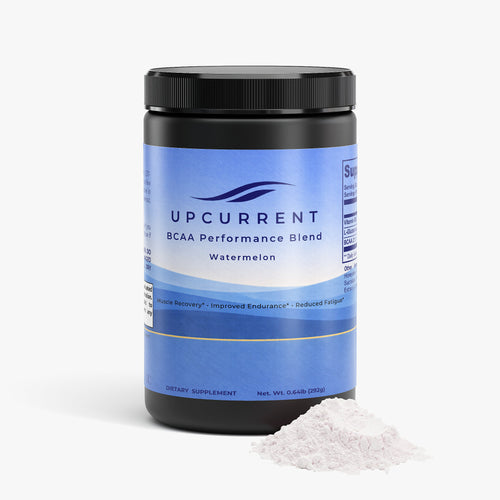 Upcurrent BCAA Performance Blend container with powder on a white background