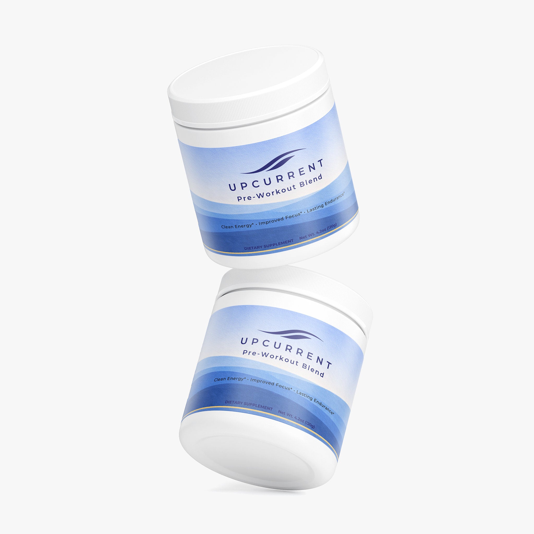 Two containers of UpCurrent pre-workout blend on a white background