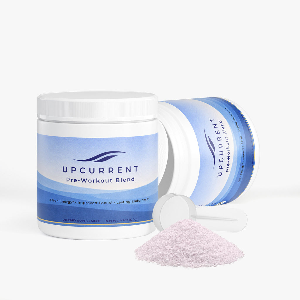 Upcurrent pre-workout blend container with scoop on a white background