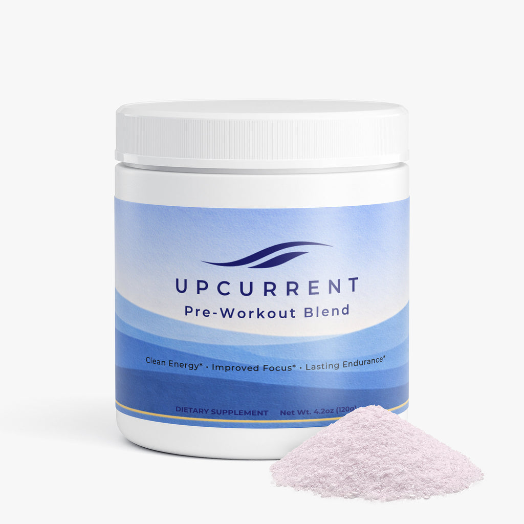 Upcurrent pre-workout blend container with a small amount of powder on a white background