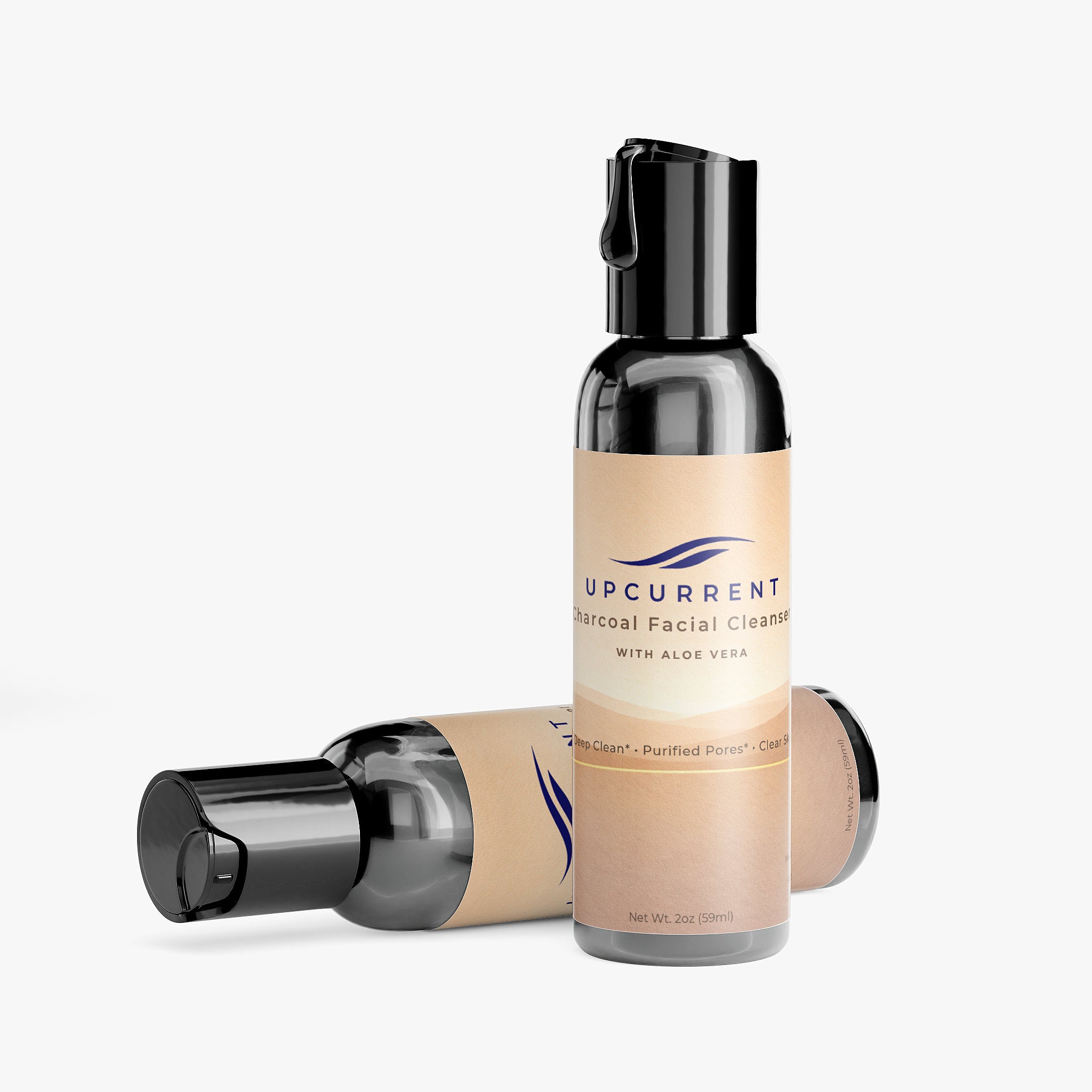 Upcurrent charcoal facial cleanser bottle on a white background