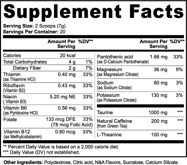 Supplement facts label with detailed nutritional information on a white background