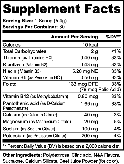 Supplement facts label with detailed nutritional information on a white background