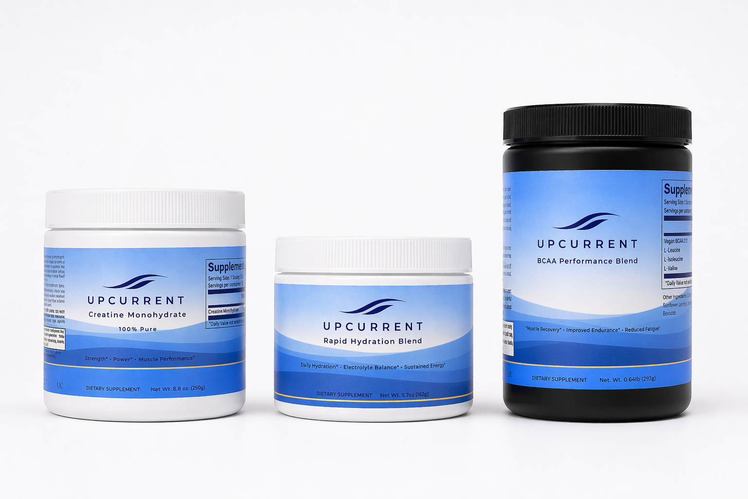 Three UpCurrent supplement containers on a white background