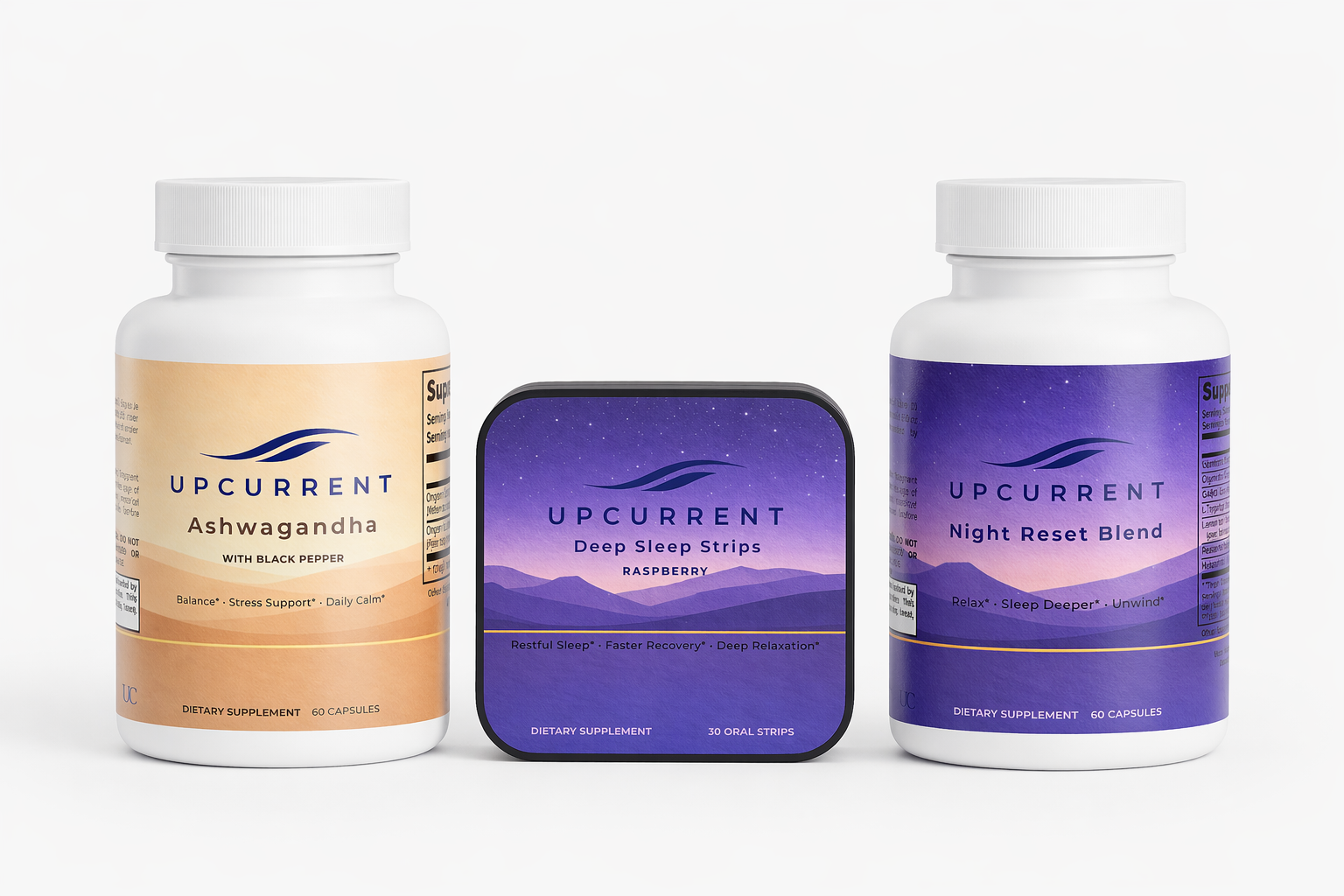 Three Upcurrent supplement products on a white background