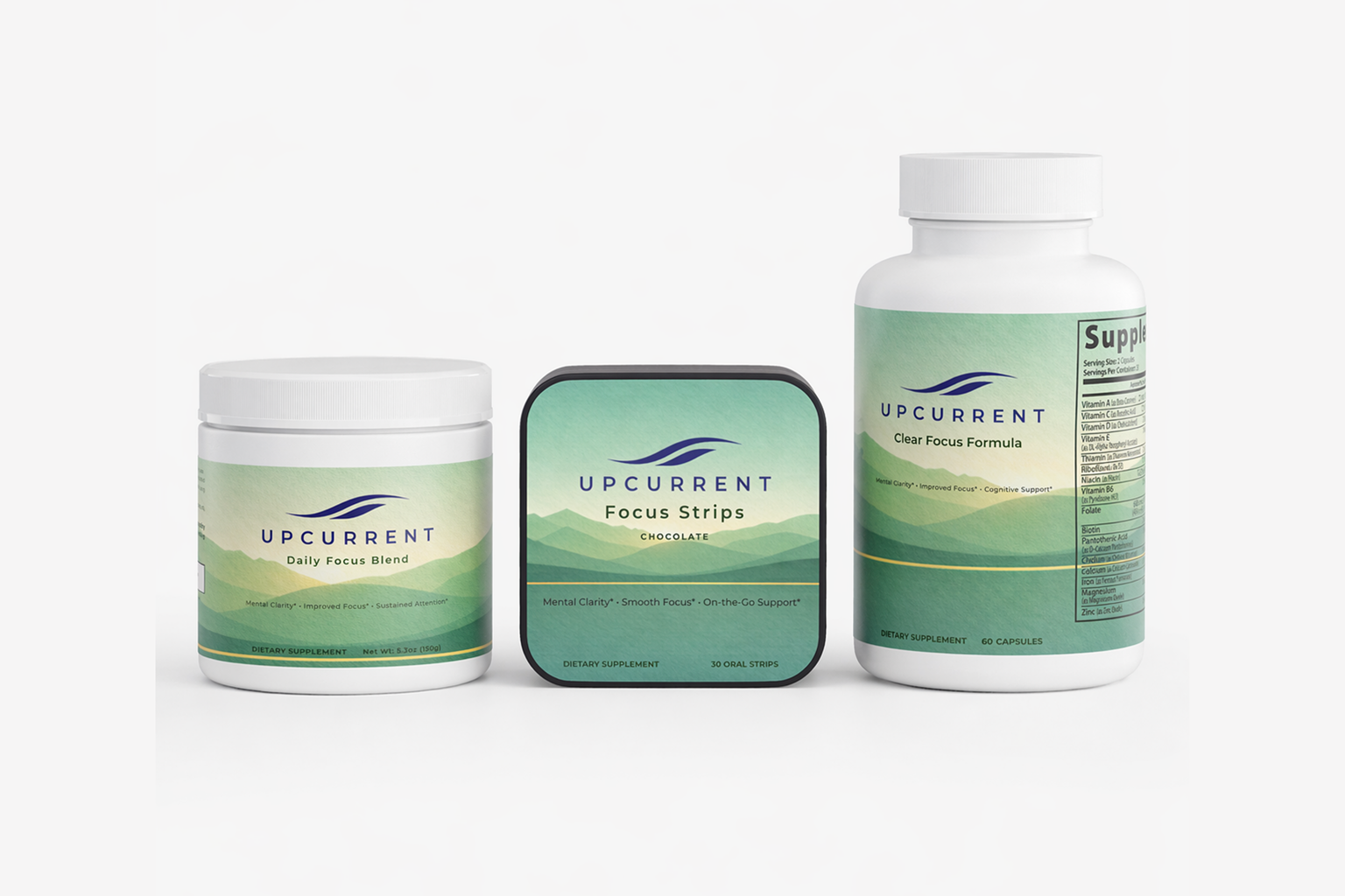 Upcurrent product packaging including a jar, container, and bottle on a white background
