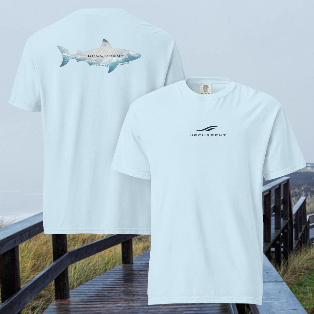 Upcurrent Open Water T-Shirt in chambray — front and back view