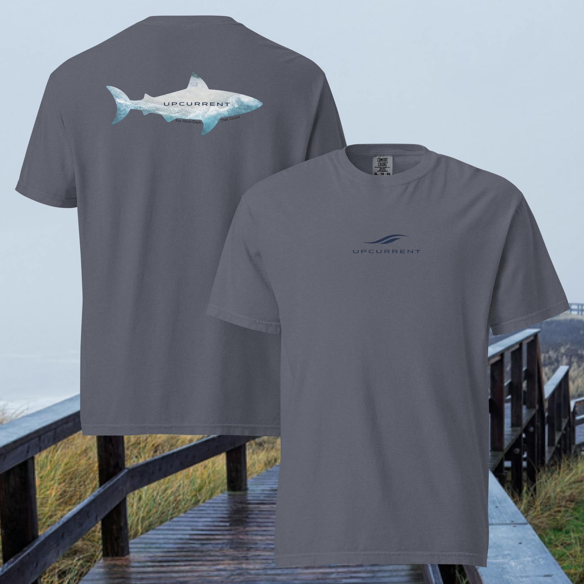 Upcurrent Open Water T-Shirt in denim — front and back view