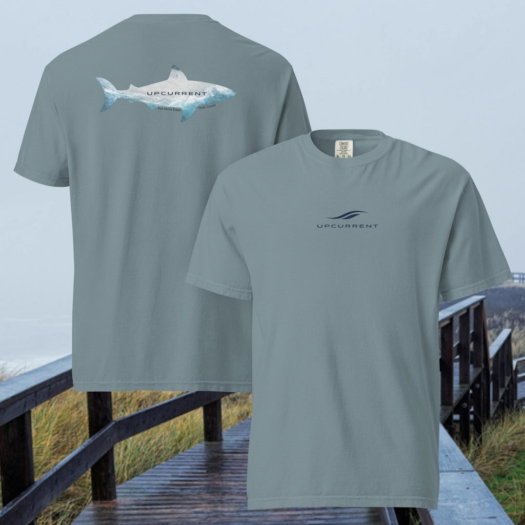 Upcurrent Open Water T-Shirt in ice blue — front and back view