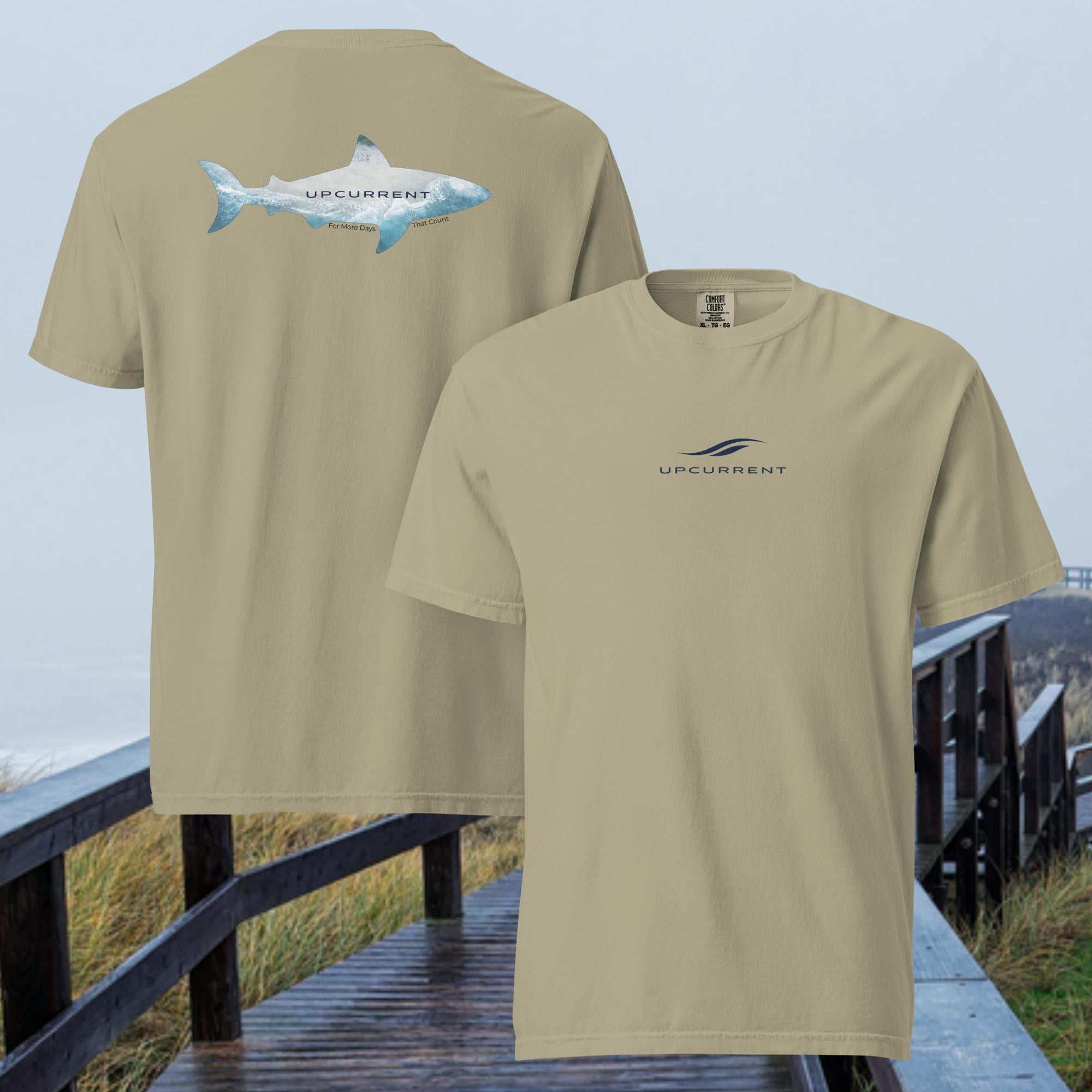Upcurrent Open Water T-Shirt in khaki — front and back view