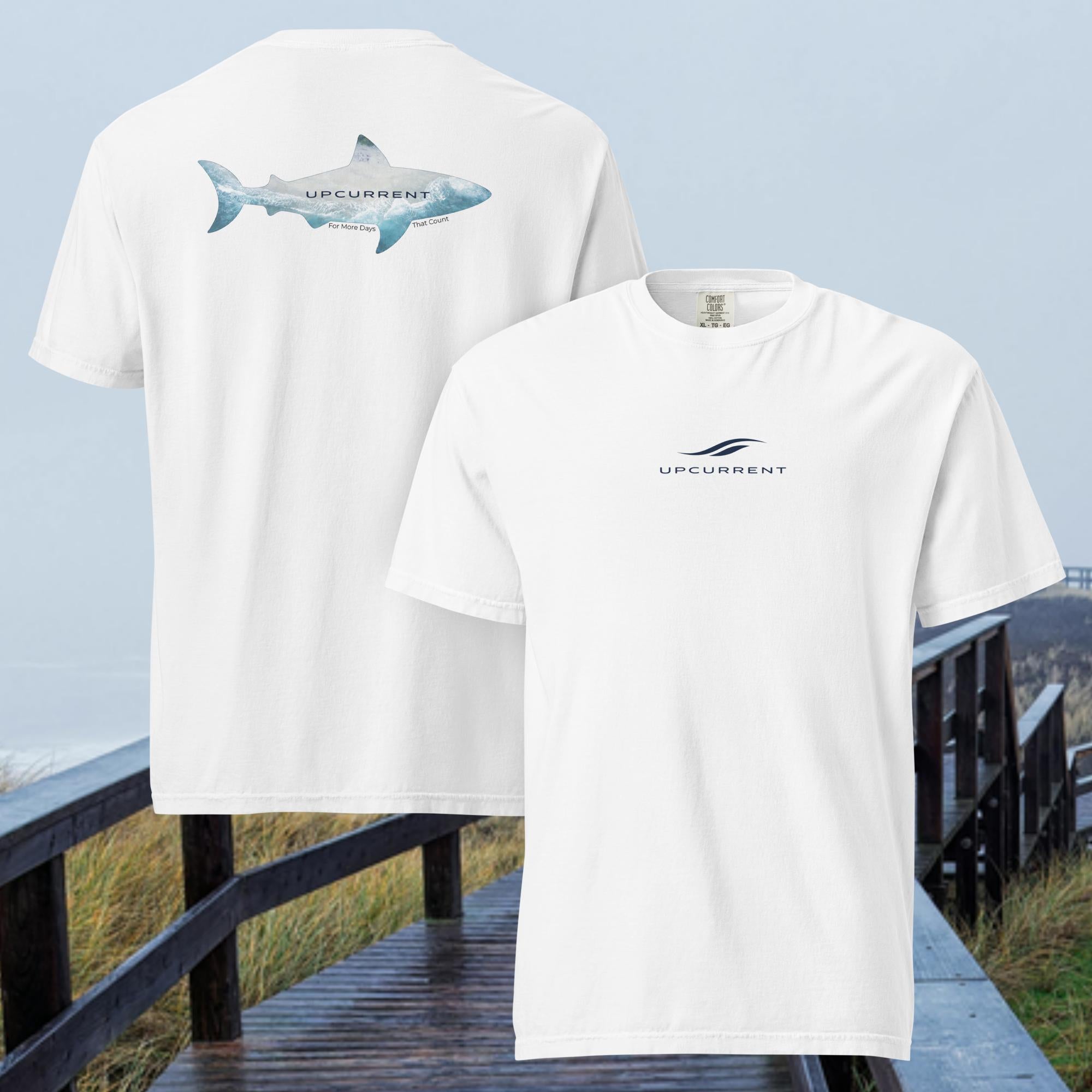 Upcurrent Open Water T-Shirt in white — front and back view